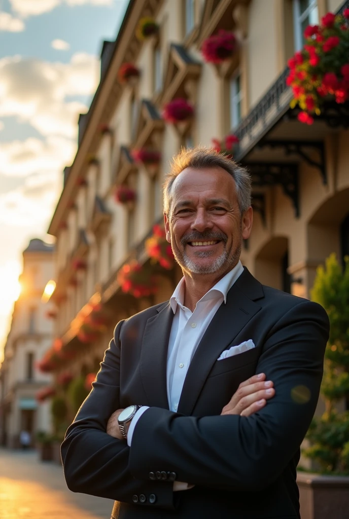 A hotel owner standing in front of a hotel, looking confident.