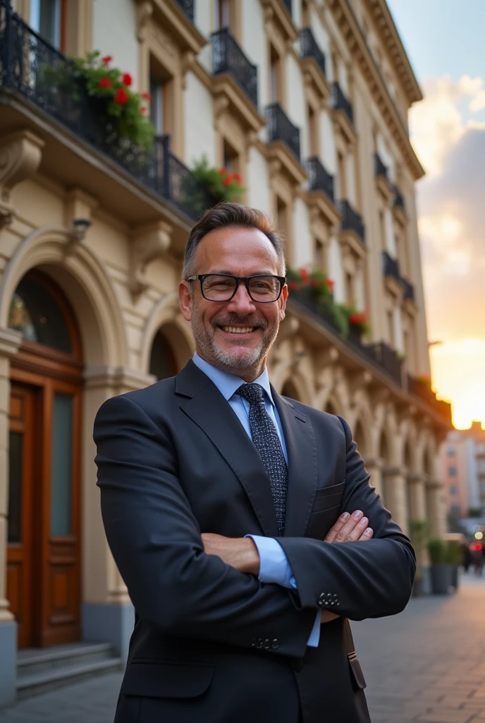 A hotel owner standing in front of a hotel, looking confident.