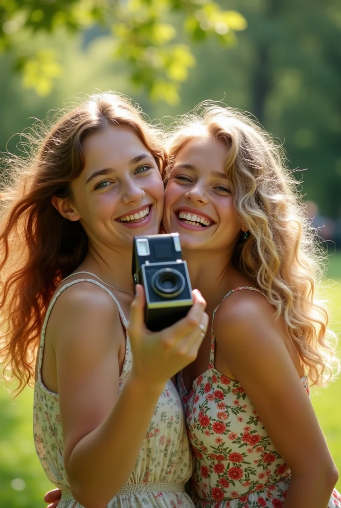 Two pretty 19 year old girls, 1 girl photographer taking photos of her friend, both laughing a lot
