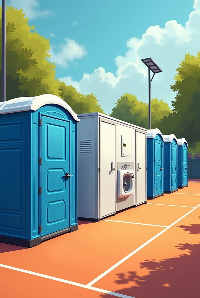 portable toilet perspective. 2 toilet stick and then distance, 2 shower stick space 2 lavatory and then 2 shower space 2 toilet. one row. the 2 lavatory is in the middle. one row not mirror. not like that. it is in the side of the court. not mirror. 2 toilet and 2 shower and then the 2 lavatory and then 2 shower and 2 another toilet. not mirror. include the lavatory