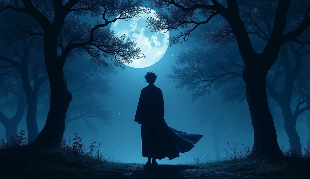 Japanese man in black kimono in the forest at night々Matrix of、Overall color：Blue Dark