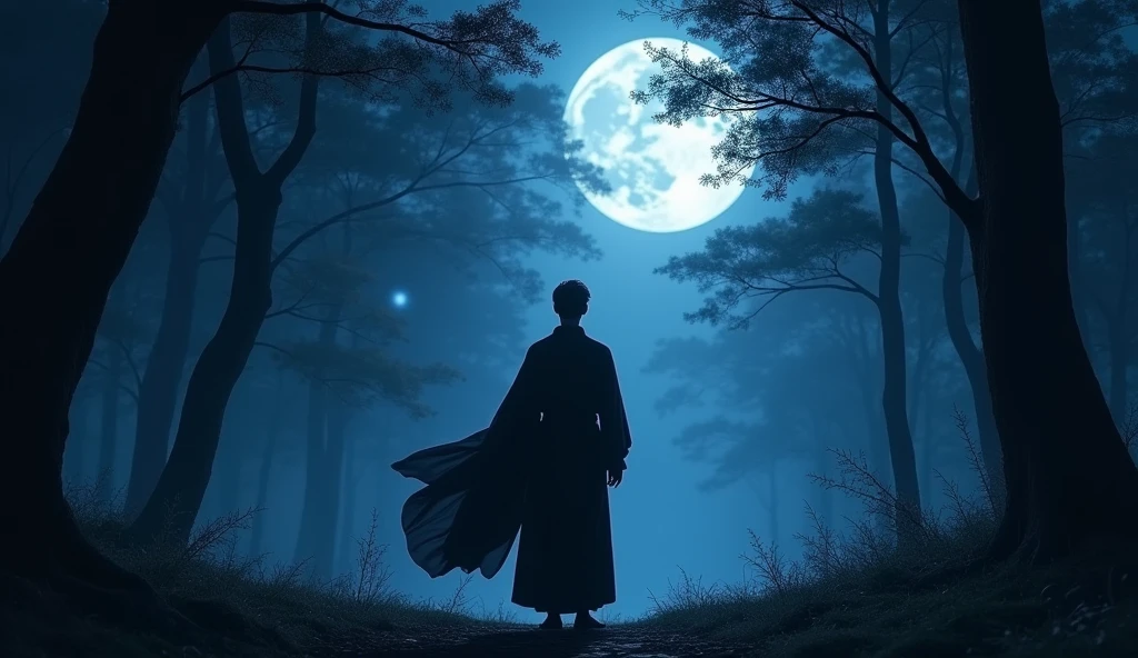 Japanese man in black kimono in the forest at night々Matrix of、Overall color：Blue Dark