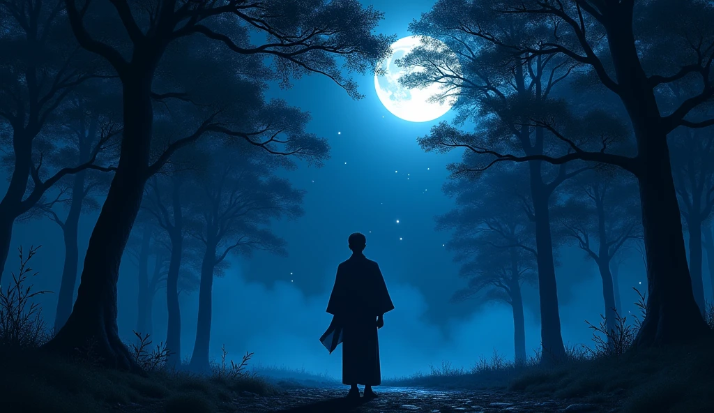 Japanese man in black kimono in the forest at night々Matrix of、Overall color:Blue Dark