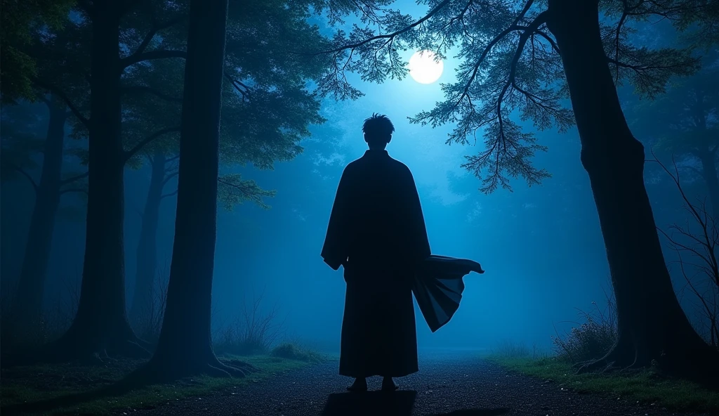 Japanese man in black kimono in the forest at night々Matrix of、Overall color:Blue Dark