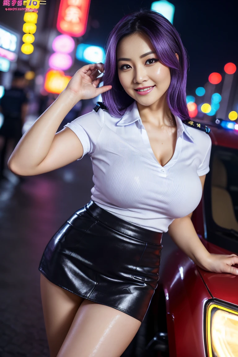  (8k, RAW Photos, Highest quality, masterpiece: 1.2), (Realistic, photoRealistic: 1.4), ((Photograph the whole body)), Chinese women、Chinese Idol、40 years old、((Neon city at night))、(((Beautiful female policewoman)))、((cop uniform))、((Tight Skirt))、(((Miniskirt Police)))、Bright purple hair、Wavy hairstyle、A beautiful woman with an oriental vibe、((Sharp Eye:1.3))、((Narrow eyes))、((Slanted eyes))、((The corners of the eyes are raised:1.3))、double eyelid、((Happy smile))、Plump body、Chubby、Wet Skin、(Thick thighs)、((Large, swollen breasts))、((Big Butt))、High heels、(((sexly)))