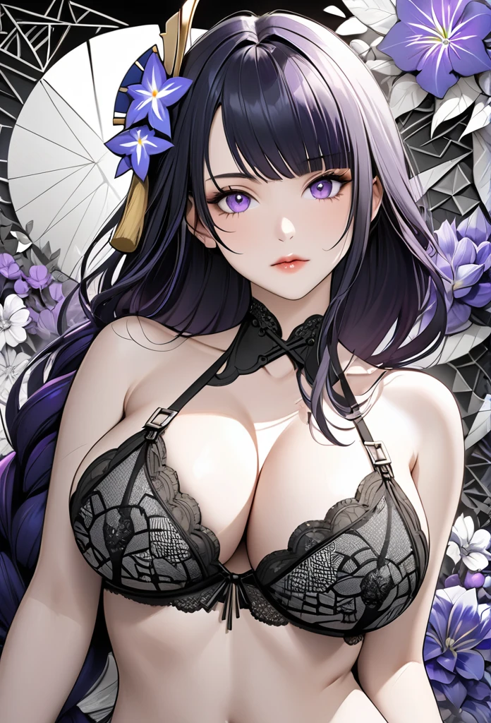 Raiden Shogun, genshin impact, black hair, purple eyes, absurdres, highres, ultra detailed, ultra-detailed background, detailed background, extremly detailed, 1girl,bunch of flowers, (zentangle:1.2), (geometric:1.2) black and white color palette, monochromatic, , cleavage, sideboob, lingerie, realistic depiction