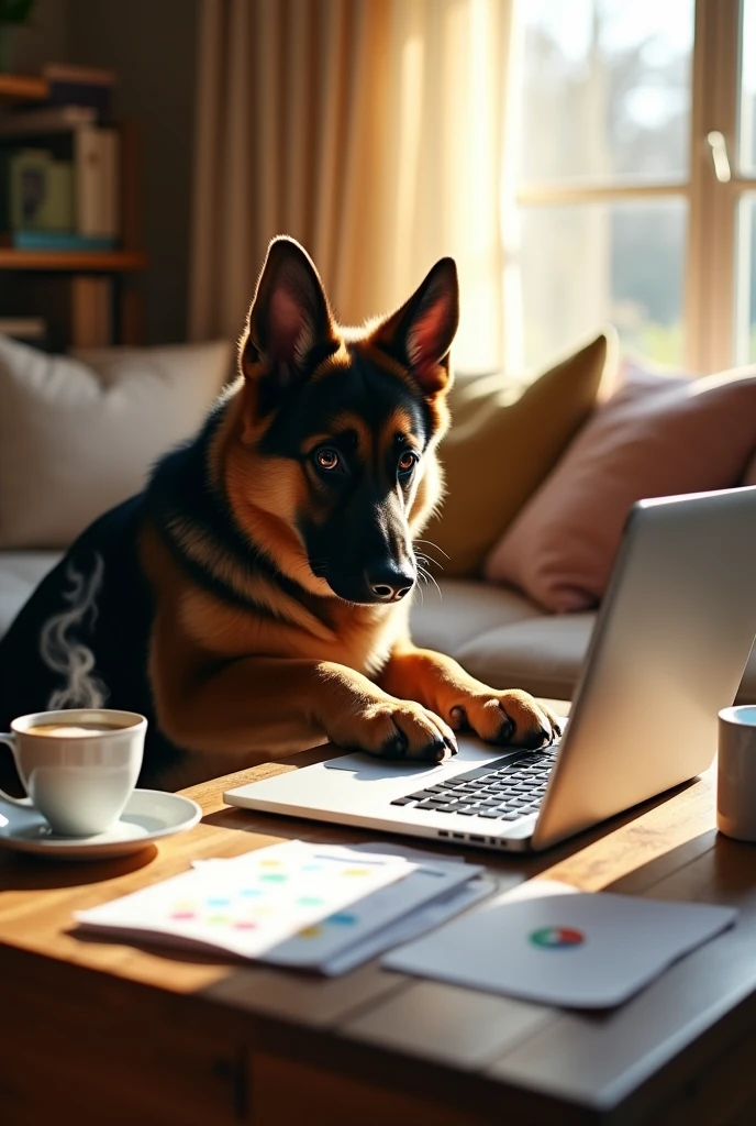 Detailed scene of a laptop on a table and being manipulated by a German Shepherd dog