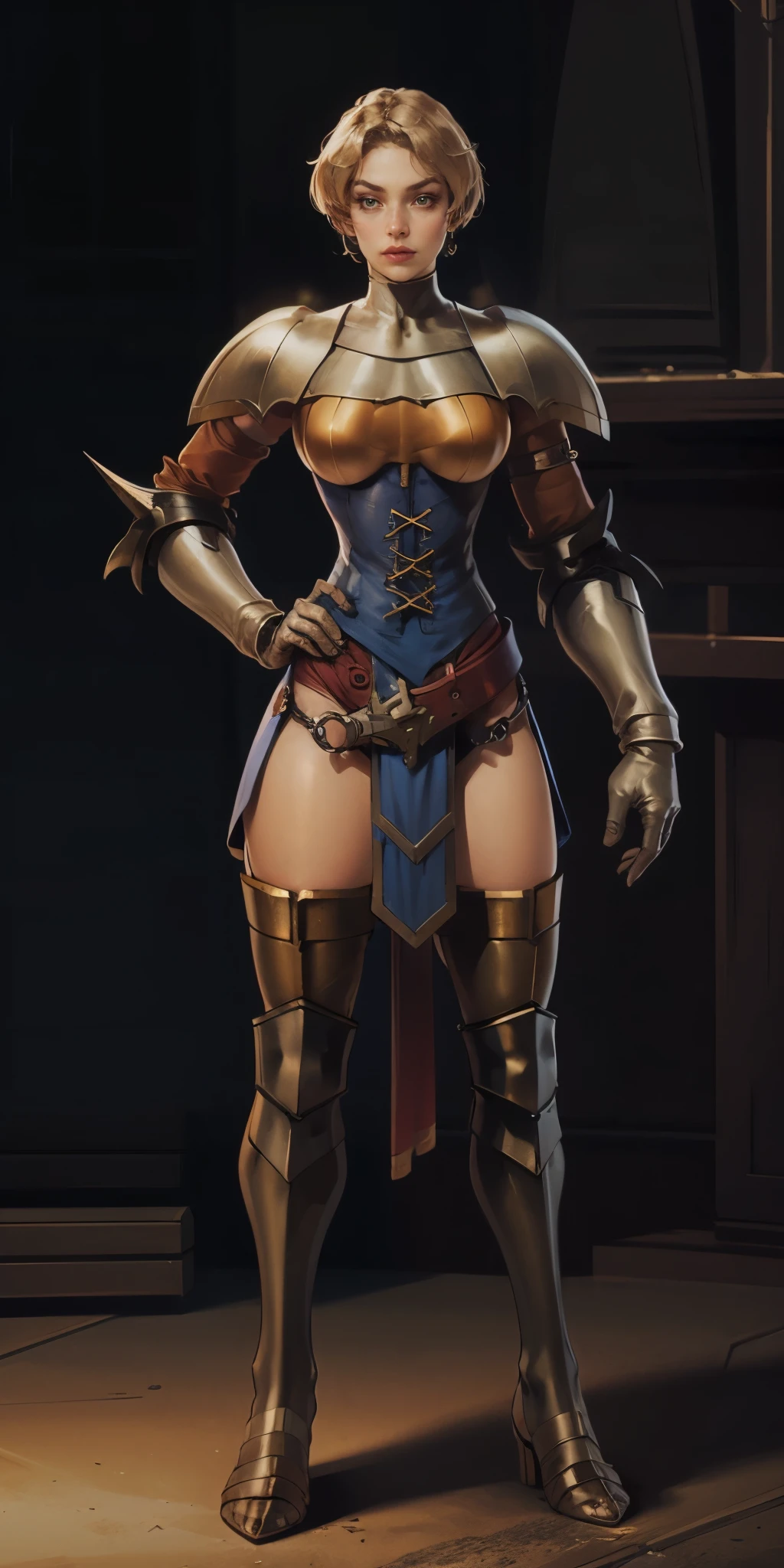 full body, whole body. 1solo (girl). slave fighter, loincloth standing, hands on hips, metal sandals, leather choker and corset, big belt, view from below, feet together, bracers, tiara)
