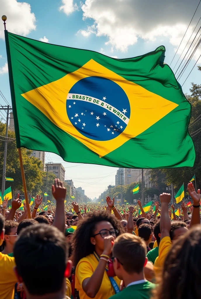 large flag of brazil in the middle of a large crowd