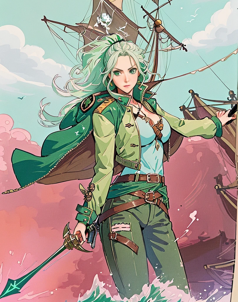 (((Illustration of a female pirate inside a ship battling other pirates with a pistol and rapier in hand))), silver hair, brown skin, (((half blue jacket, half green jacket, jacket over the shoulders))), light brown shirt, shirt with neckline, ((big breasts)), ((emerald green fabric at the waist)), dark brown pants, wooden sheath with green metal tip.(((HD,8k,Best Quality))), ((Wallpaper))
