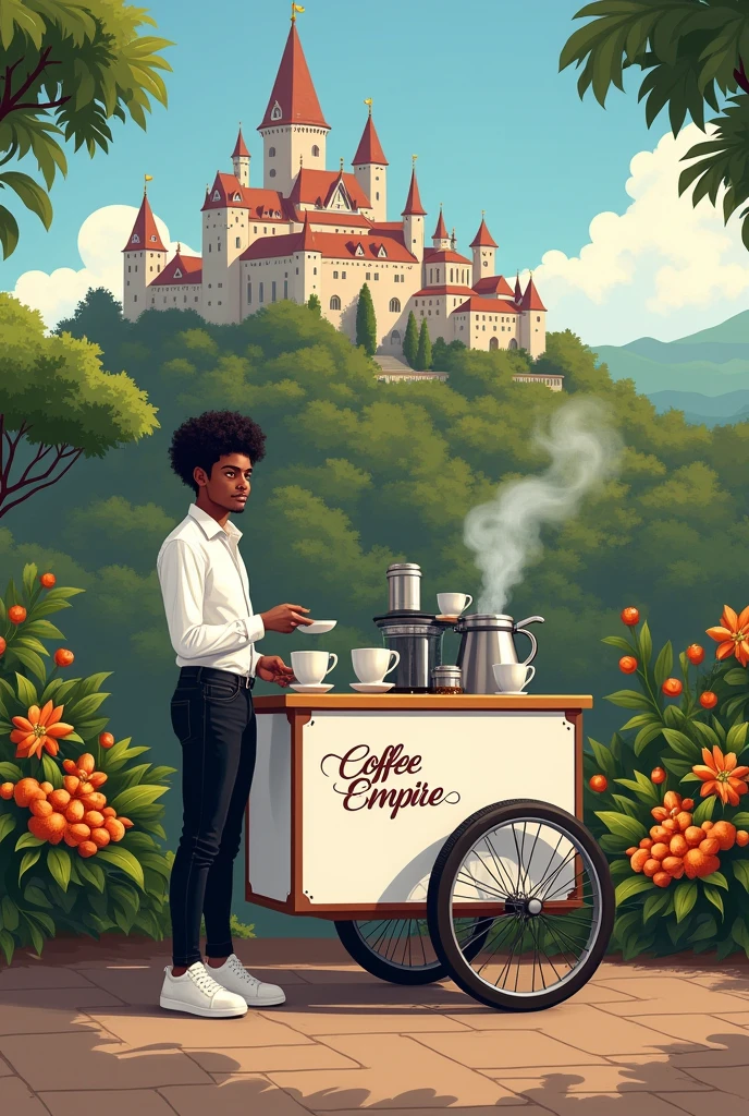 An imperial castle on a farm with coffee plantations with lots of fruit and a young black man with a teenage face and black, curly hair, good and down, with an American cut and a white blouse., with a logo that says coffee empire in Portuguese and very elegant black jeans and white sneakers, selling coffee in its white cart with the logo written coffee empire on the streets of Austin in Portuguese on the cart all in drawing
