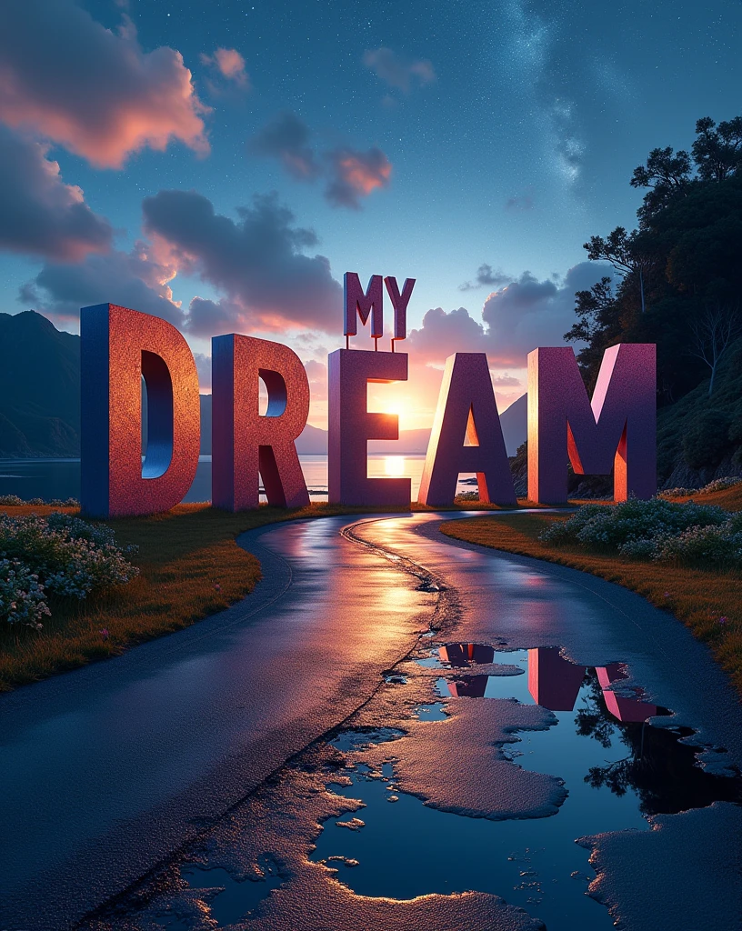 In the middle of the road there may be giant letters: The letters of the word "MY DREAM ". They could be three-dimensional or embedded in the asphalt..Dimensional doors: Somewhere along the road, A door may appear that opens to another world or dimension, revealing completely different landscapes.Puddles of ink: Instead of puddles of water, Imagine puddles of black ink reflecting the starry sky in a distorted way. This would add a mysterious and dreamlike touch to the scene..