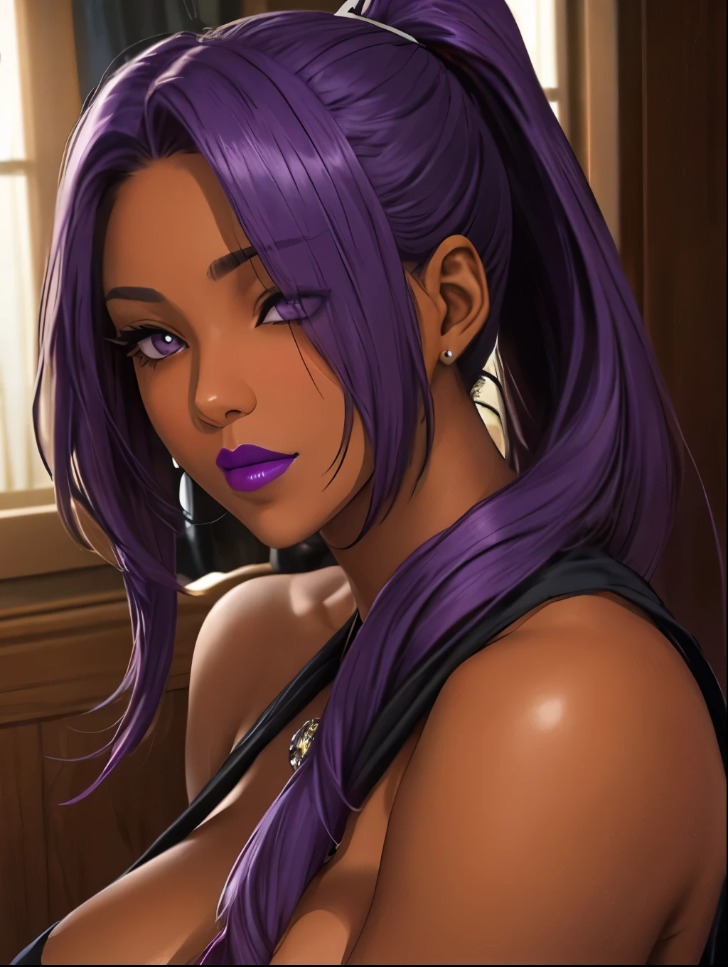 Big Breasts, lipstick, Hair on one eye, Long Hair, Purple Hair,ponytail,dress, One person, alone, Upper Body, Face-to-face viewer, Beautiful older sister, Dark Skin