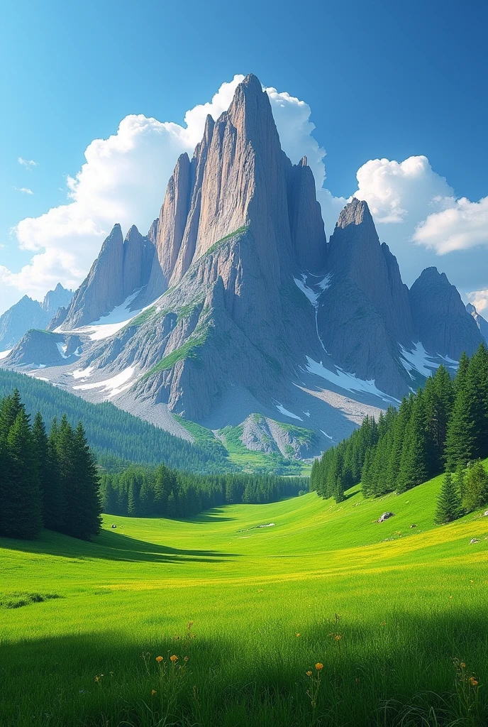 Mountain without ice in green field all along under blue sky
