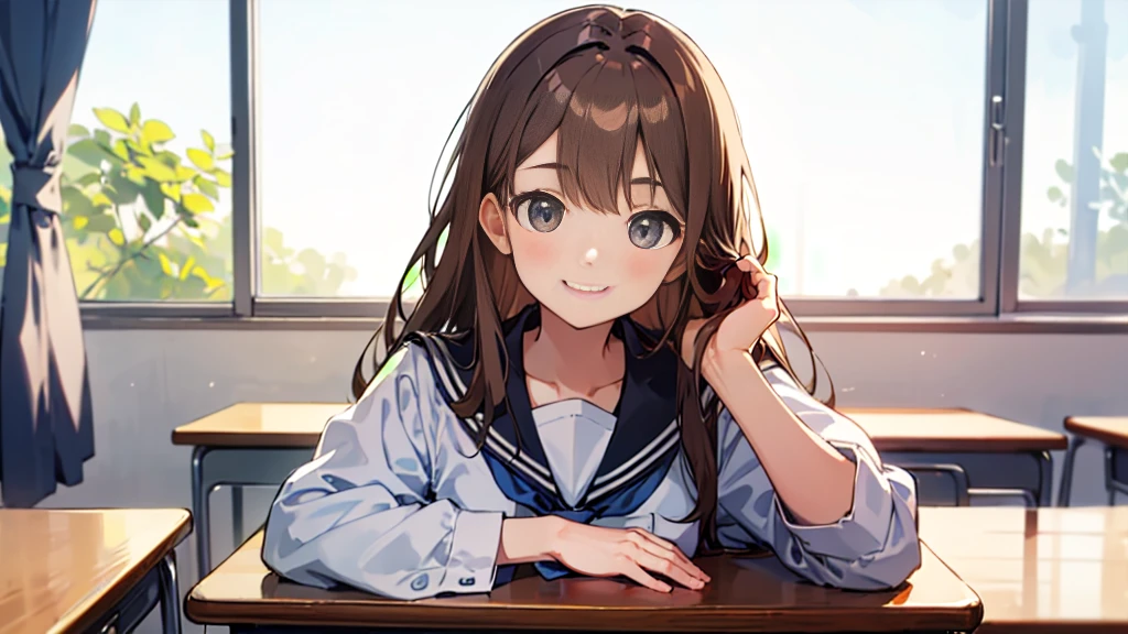 In the classroom。A gal schoolgirl with long light brown hair and a bright smile is peering over the desk.。I&#39;m wearing a blazer and tie from my summer uniform.、A red checked skirt