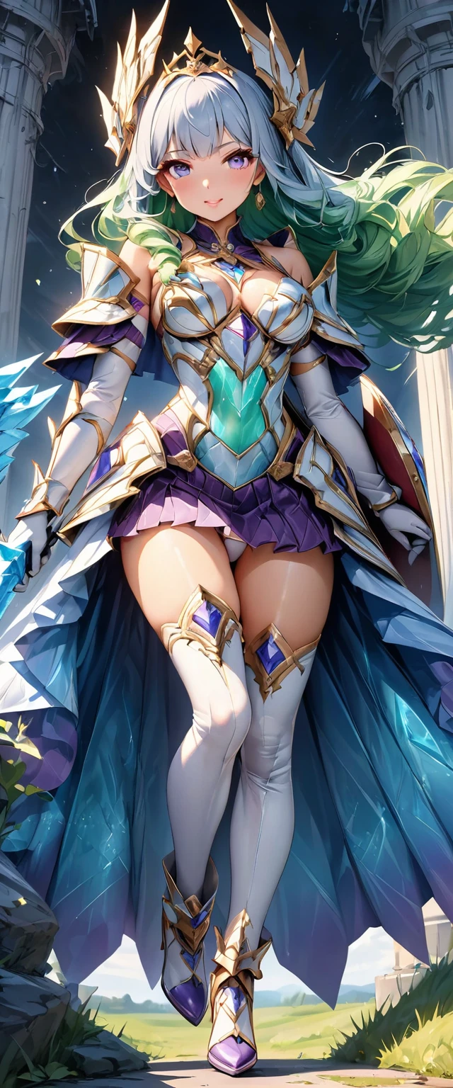 (Perfect Anatomy)、Mastepiece、Ultra High Quality、 8k、masterpiece、Highest quality、Ultra-high resolution、Maximum resolution、Very detailed、Professional Lighting、anime、woman、thin、so beautiful、Highly detailed eye、Highly detailed face、Blue and white armor, , Golden decorated luxury tiara，Golden earrings，Frilly Armor，Light blue hair, blue eyes，White underwear、Gloss Lip、Pink Lips、grassland, full body, dynamic angle, dynamic pose, Heroic pose, pillars of ice, (((long sword))), (((shield))), Defending with water magic, goddess armor, high heels, floating hair, Detailed armor patterns, (Perfect Anatomy)、Mastepiece、Ultra High Quality、 8k、masterpiece、Highest quality、Ultra-high resolution、Maximum resolution、Very detailed、Professional Lighting、anime、woman、thin、so beautiful顔、Beautiful eyes、(Highly detailed eye)、Highly detailed face、Extia Flora、White and purple enamel high leg leotard、Purple Mini Skirt、White thigh-high boots、Purple pattern、White decoration、Cyber Headgear、Shoulders show skin、Green Hair、long hair、Twin tails、Purple Eyes、Dairy-free、Pink Lips、White cloak、(((Wings that shine light green around the waist))), white long gloves, contouring, makeup, eyeliner, eye shadow, pink cheek, pink lips, full body, Random Pause、Beautiful attention to detail