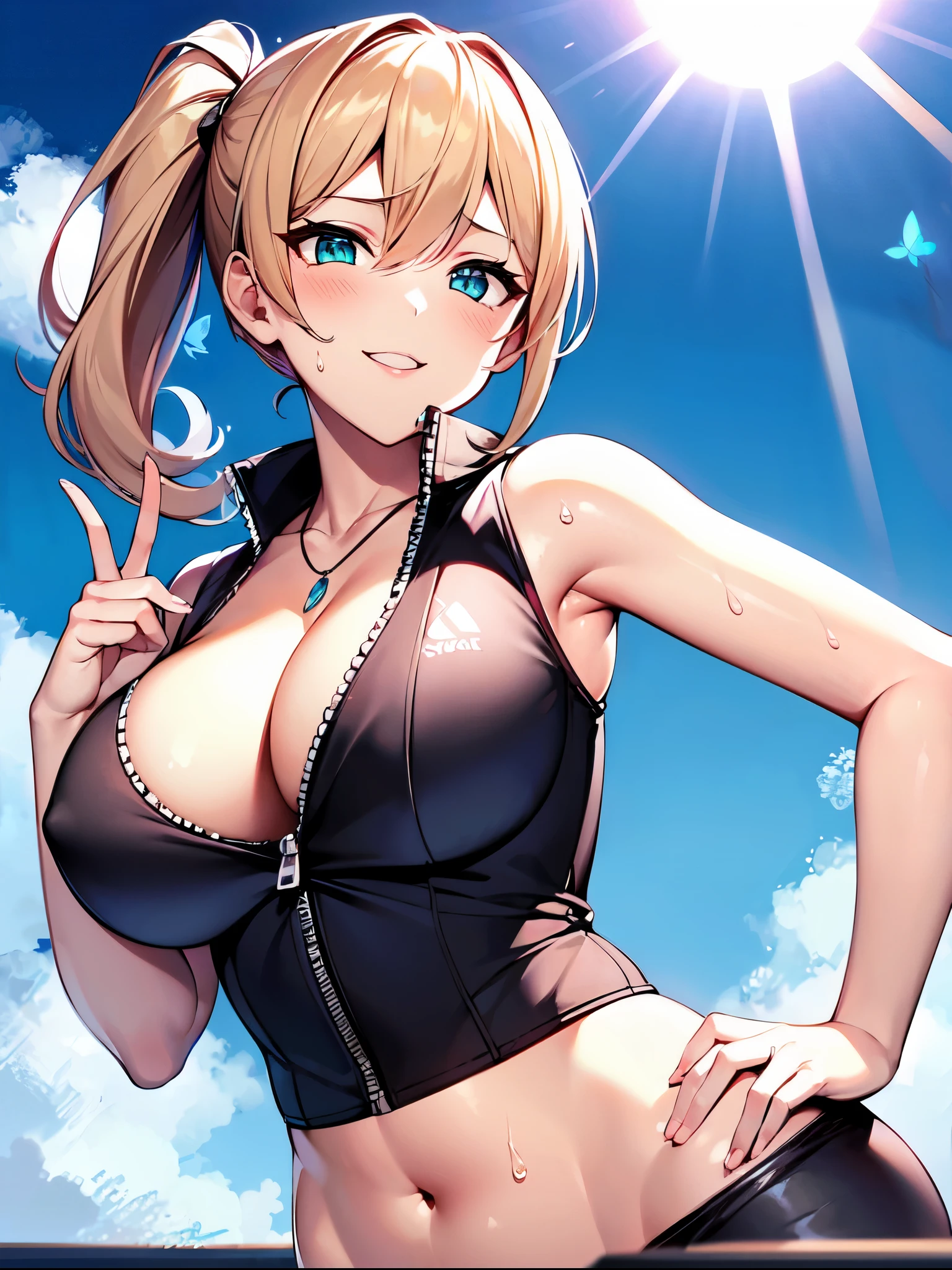 ((super high quality,Ultra-high resolution,16K,super masterpiece,Ultra HD,Ultra high definition:1.3,))One Girl,(Blonde:1.5,Short wavy hair:1.3),Short Side Ponytail,(Butterfly Shape,Black and purple hair band:1.4,)Emerald eyes,Cleavage,sexly,((The chest is open,tight,Light pink,Sweatsuit:1.5,))(popped collar,tight襟,Large collar,Open from neck to navel,Fine zipper:1.3,)(light blue butterfly necklace:1.2,)To the camera,Smiling happily,Close one eye, V-sign with one hand,Place one hand on hip,leaning forward with her body angled forward,sweating all over,Angle looking up from below,a blue sky with clouds and sun,Water splashing from the side,