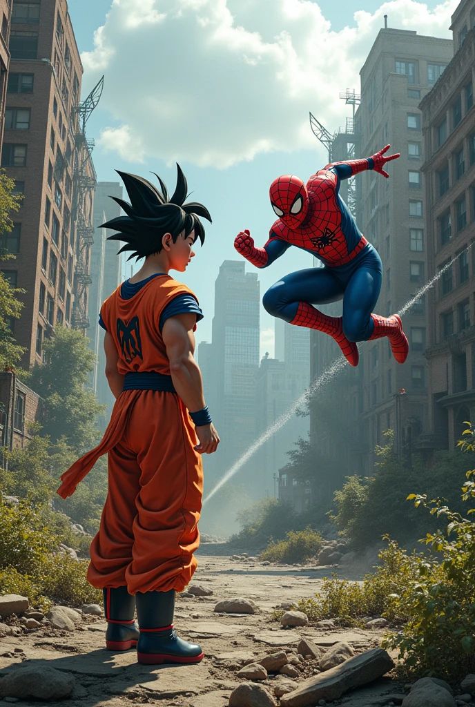Image of Goku and Spider-Man fighting in the world of the game The Last of Us