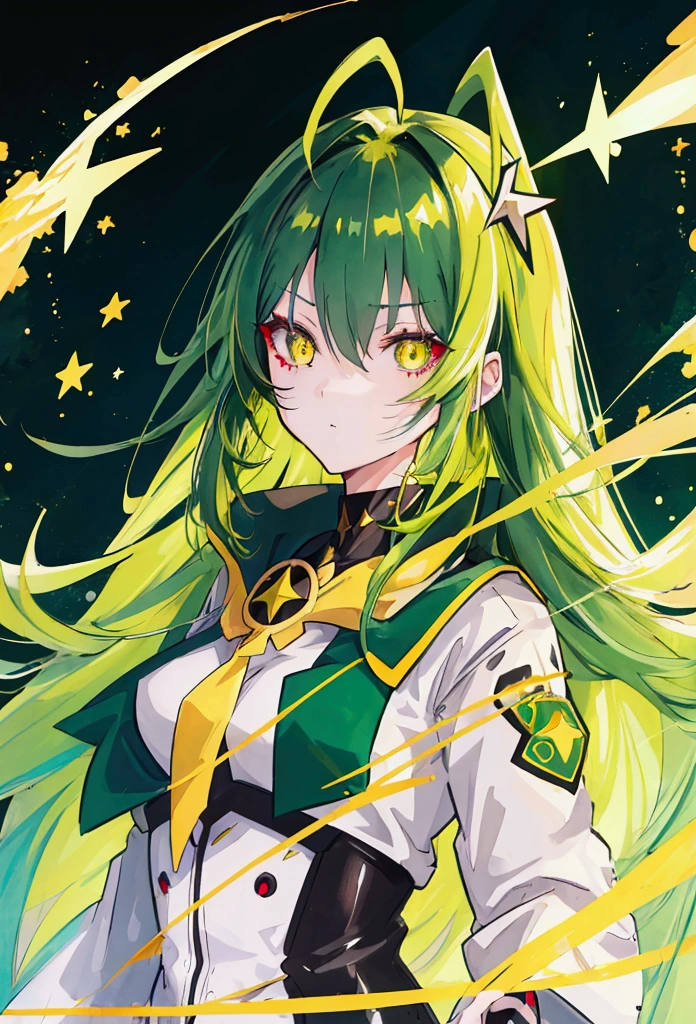 a girl with long dark green hair, yellow eyes,hair behind ear, antenna hair, star-shaped pupils, anime, anime style, UHD, masterpiece, accurate, anatomically correct, super detail, high quality, high details, award winning, highres, best quality, 8k