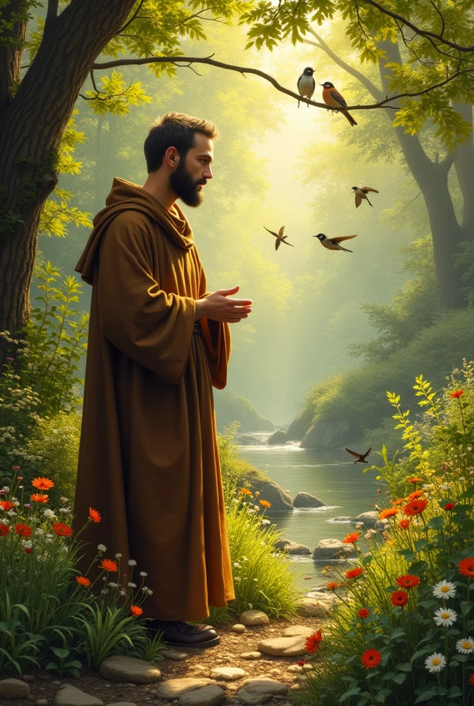 Generates an image of St. Francis of Assisi and his connection to data with nature