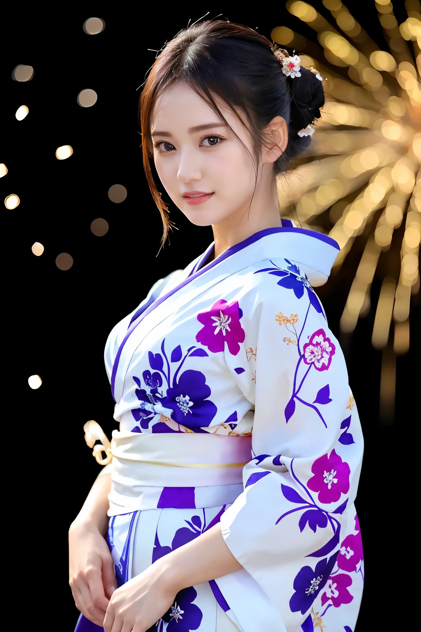 (Highest quality、Tabletop、8k、Best image quality、Award-winning works)、One beautiful woman、(Elegant floral kimono:1.2)、(Perfect kimono:1.3)、Perfect mature woman portrait photo、Glowing Skin、Standing Elegantly、(Grand and beautiful fireworks background:1.2)、(The most detailed and vivid fireworks:1.1)、(Perfect depiction of the most complex and detailed fireworks:1.1)、(The perfect backdrop for a summer festival:1.2)、Glowing White Skin、Very white skin、(The most graceful posture:1.1)、Perfect beautiful glossy lips、(Accurate anatomy:1.1)、(A perfect and elegant outfit:1.1)、(Front facing body:1.2)、(Hair Bun:1.1)、(The most moody and romantic:1.1)、Great cinema lighting、(Tyndall effect:1.1)、(Close-up of face:1.2)