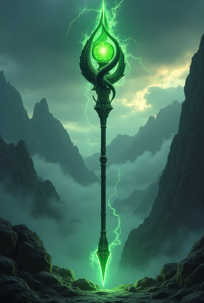 a legendary mythical dragon spear with main color as black and glowing green