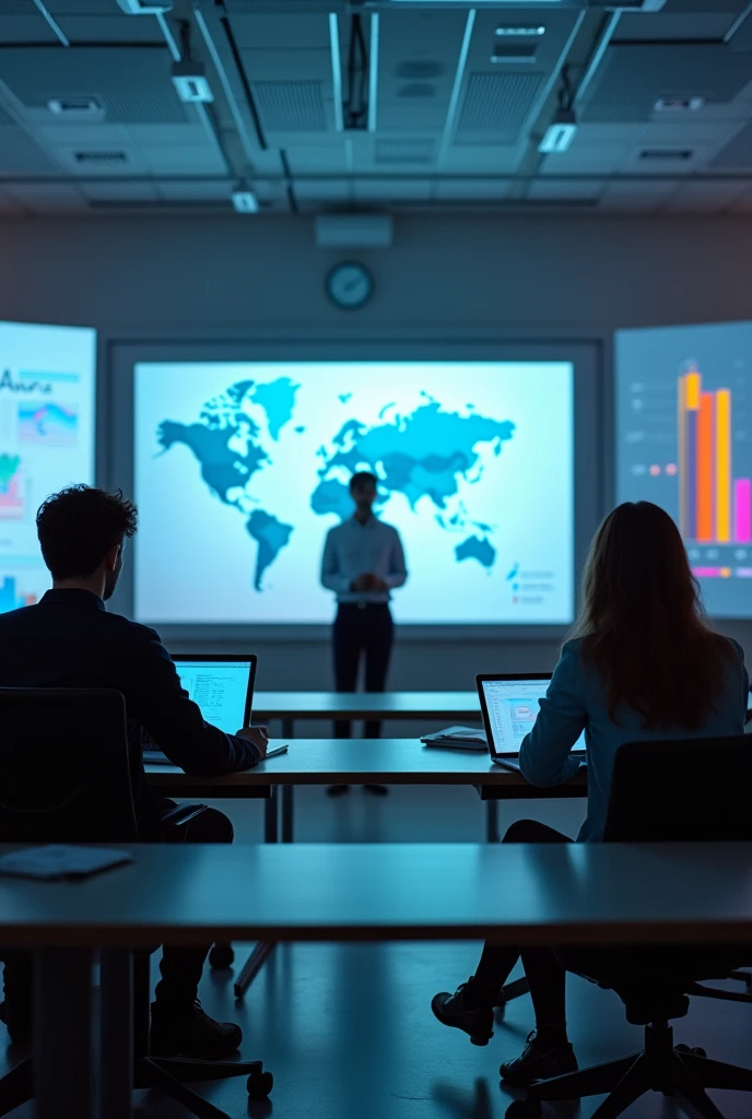 Represent the study of the economic growth cycle of a country with large futuristic-style graphs with a couple of young students, male and female, in a huge university classroom with a professor . Put students in a small part of the picture