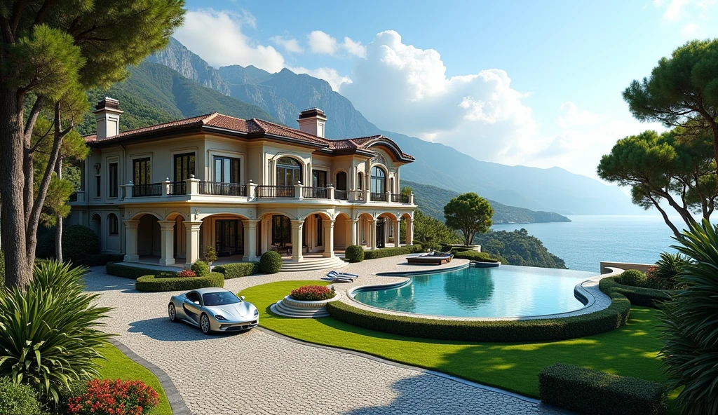 luxury mansion with a luxuary car parked in front of it, green yard with trees, behind sea and mountains, luxury pool, luxury lifestyle, luxurious environment, luxury architecture, rich, huge mansion, rich style, luxury and elite, extremely opulent, luxurious, hyper luxurious, majestic masterpiece, wealthy, luxury, stunning grand architecture, exquisite masterpiece, flaunting his wealth, inside a grand, architectural masterpiece