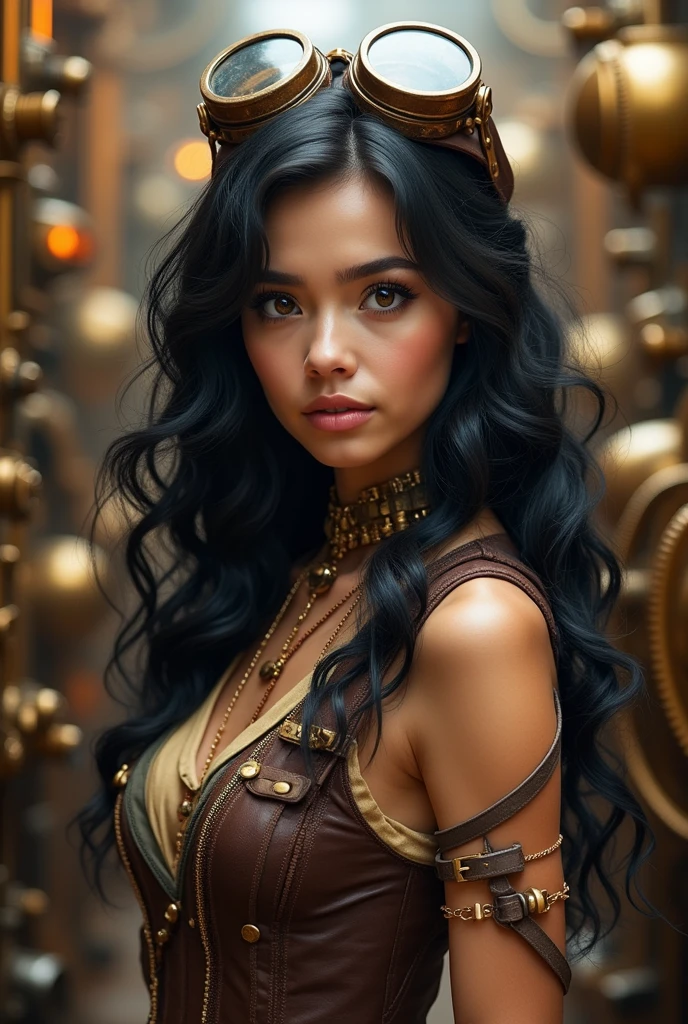 confident. black hair. wavy hair.
full lips. small nose. brown eyes. big eyes. small face. young adult. upper body. anime.girl. steampunk costume