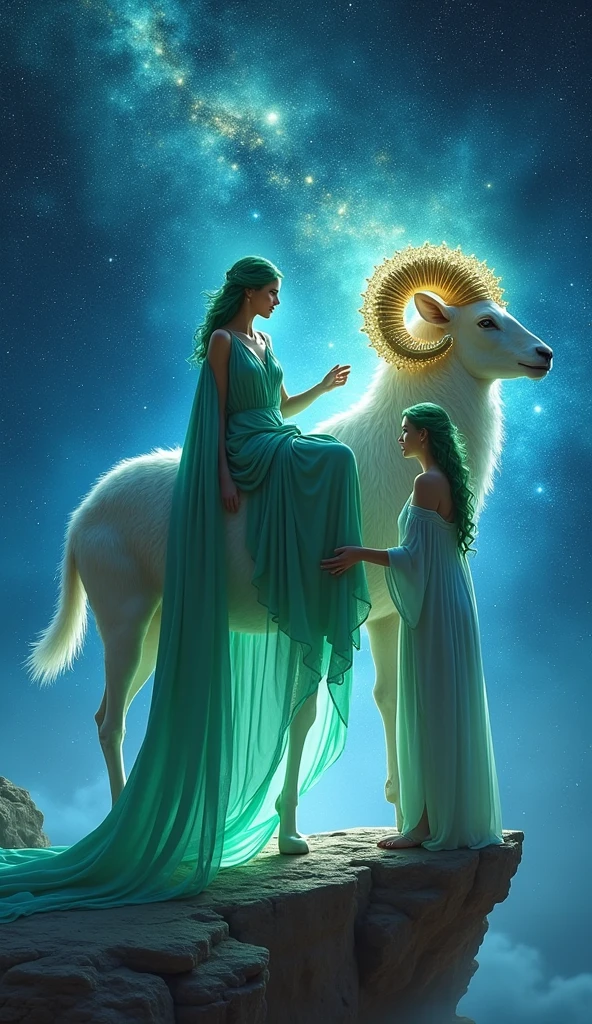 Two ethereal, green-haired women wearing flowing ancient Greek-style robes, with one woman seated on a mystical, large ram with glowing, ornate horns adorned with jewels. The other woman is standing on a stone platform, reaching out to her seated companion. The scene is set against a cosmic backdrop filled with swirling galaxies, vibrant stars, and a deep blue night sky. The overall atmosphere is mystical and otherworldly, with a sense of camaraderie and adventure between the characters. Emphasize the vibrant colors, particularly the blue and green tones, and the magical glow surrounding the figures and the ram.