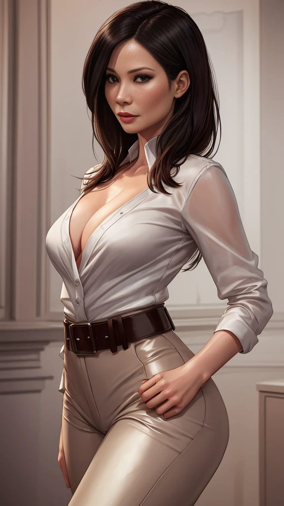 a gorgeous woman wearing a white silk shirt with a deep v neck, brown leather pants, and a belt, cinched waist, dramatic lighting, photorealistic, high fashion editorial, Lucy Liu