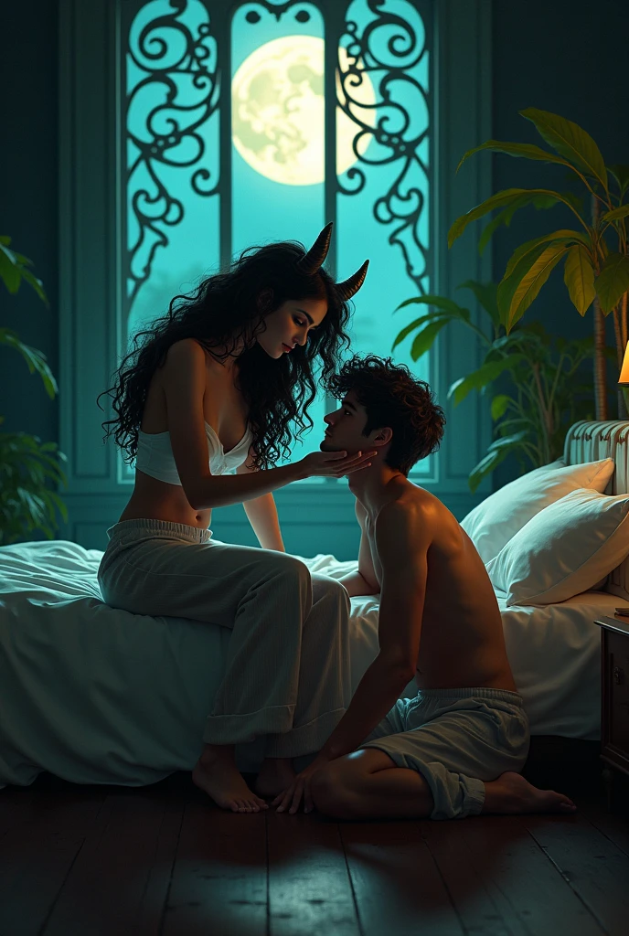 (photorealism:1.2), beautiful sly demon woman, sitting on bed, wearing loose off-shoulder top, pajama pants, long curly hair, cherismatic man on the floor on his knees for her , dark lighting, plants in background, window with moonlight, woman creasing the man's chin, retro anime cartoon style, intricate details, dark bright colors, by Greg Rutkowski, by Alphonse Mucha