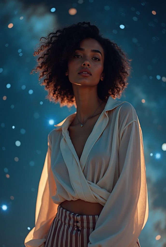a RAW photo, Portrait of Rainaw, with draped blouse, Pyjamahose, space