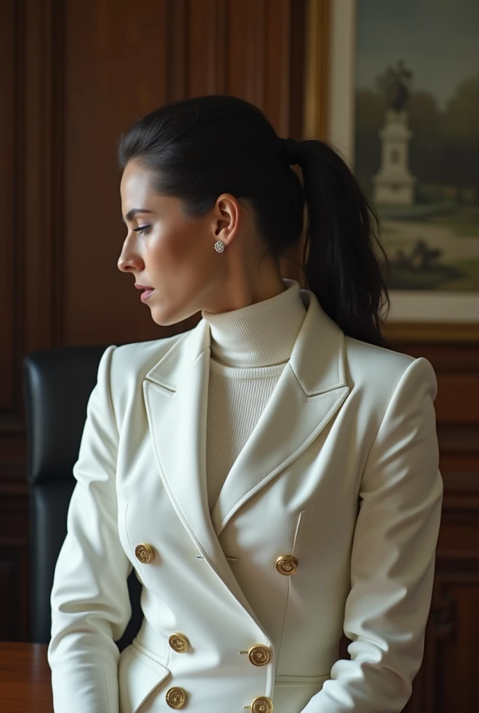 photo of a man just finished fucking in the ass a soaked and sweaty completly clothed horny prime minister of parliament woman bent over her desk and he is having a cumshot all over her dress, (( lot's of cum over Monica's dress)), (( her head complelty down )) , monica bellucci at 35 years old , eyes closed in front of a man, the man just finished to fucking her in the ass , doggy style, (( Monica is dressed with a white tellier double breasted jacket white turtleneck sweater , and a white soft long maxi-skirt(white long maxi-skirt:1.2 )) (( black ponytail hair)) (( she is wearing his favorite vintage white silk gloves )) (( cumshot moment, bettie is having a really pleausure orgasm,he grinds his teeth in pain, she is feeling hard pain, she is screamin pain)) (( white silk gloves)) (( he is grabbing strongly from behind Monica's ponytail hair)) (( the photo is from her side))