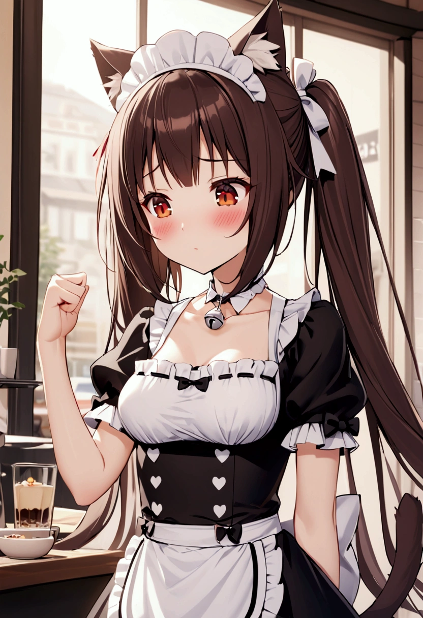 Chocola. 1 girl with long brown hair. Amber eyes, cat ears, maid uniform, silver bell on neck, medium breasts, cat tail, pigtails, cafe on background, blush, look down