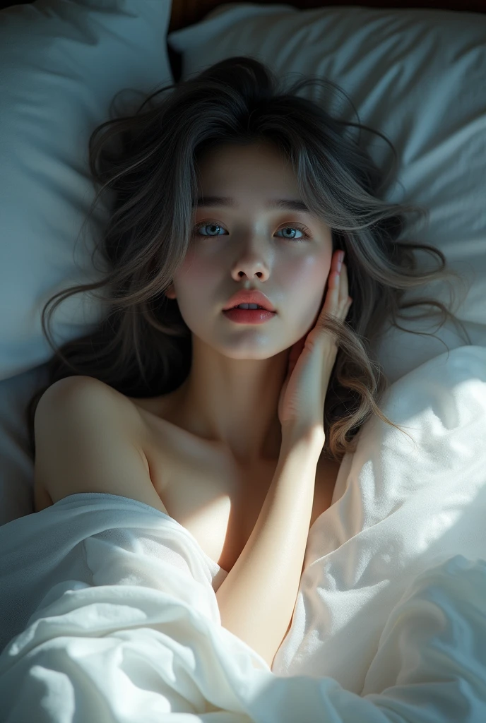 Overhead beautiful korean girl, 20 years old, lie down on white sheet, long ash grey wavy hair, sexy pink moist lips, detailed beautiful face, detailed blue eyes, detailed skin texture, light make up, arm up, sexy body, small breasts. She's covering her body with a white transparent scarf, can see her body curve. Pleading eyes, slightly open mouth, looking at the viewer. The sheet is white, night time, very dark room, High contrast, ultra sharp focus, arms up, small breasts. Side lighting setup cast a shadow and highlight area