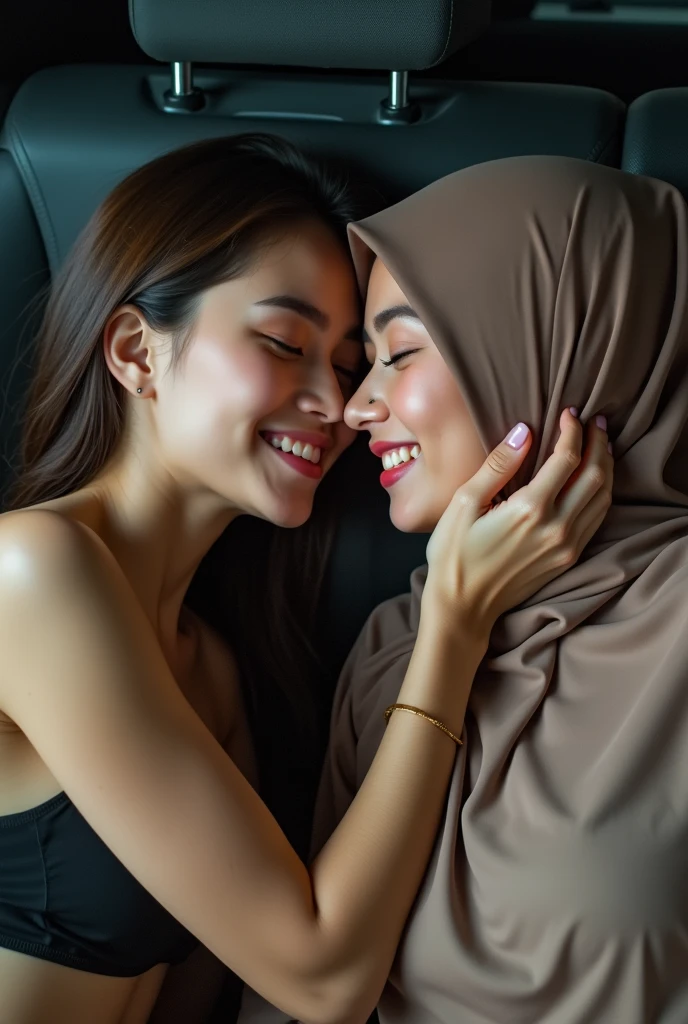 extreme close up of two beautiful teacher hijab indonesian lesbian girl laying down,bra and panties,hugging,french kiss,lesbian sex,,in a car,look to the viewer