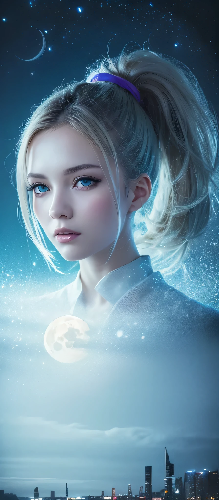 Masterpiece, (Best Quality: 1.2), (Super Fine: 1.2), Illustration, (Extremely Delicate and Beautiful: 1.2), Film Angle, Floating, (Beautiful Detail Eye: 1.1), (Detail Light: 1.1), Film Lights, Delicate Sky, Woman, White Hair, Blue Eyes, (High Ponytail: 1.1), Cloak, Glowing Eyes, (Moon: 1.2), (Moonlight: 1.1), Starry Sky, (Light Particles: 1.1), Fog , snow painting, sketching, blooming, cyberpunk, neon city