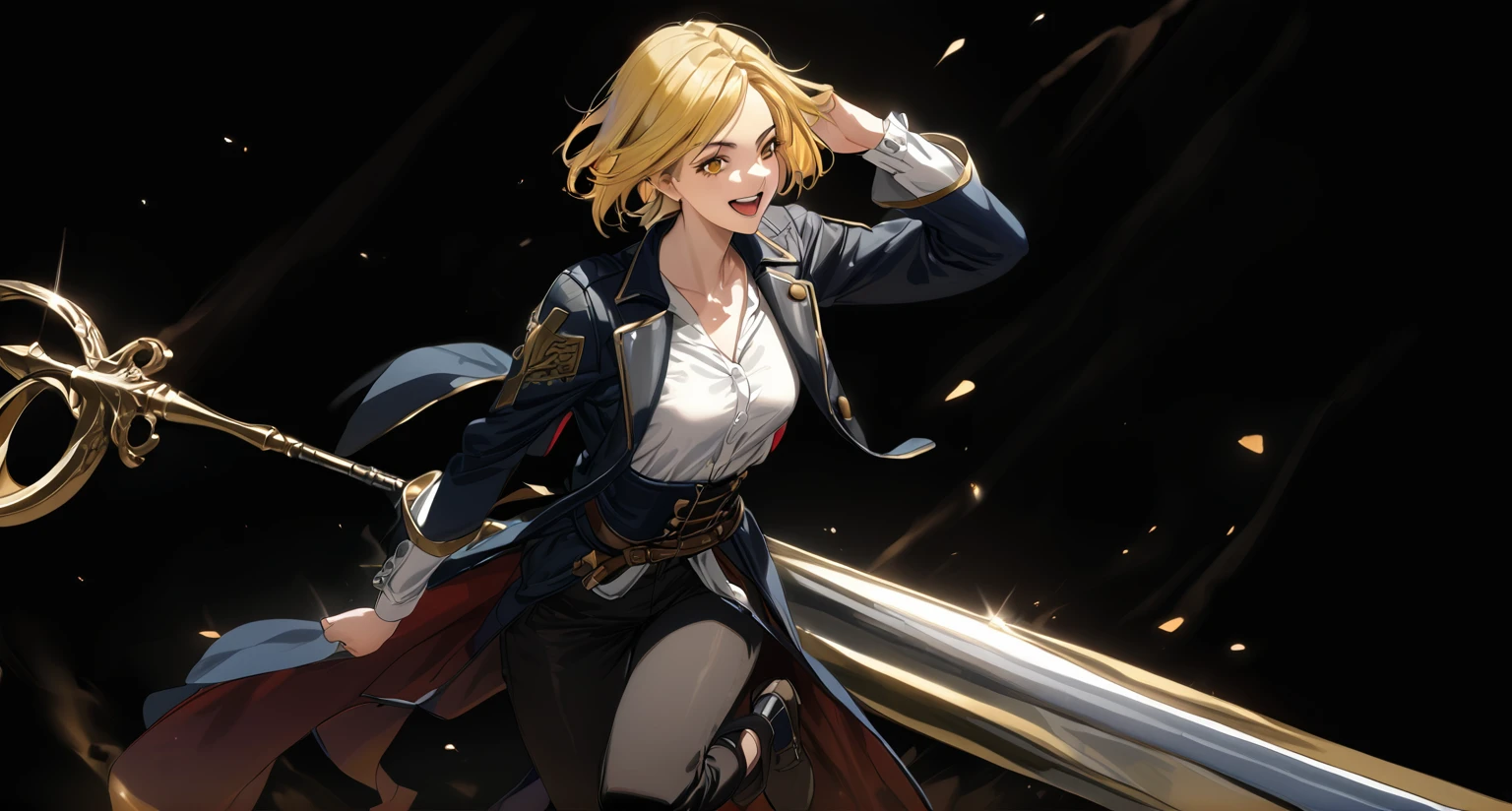(woman), ((Don quixote from limbus company)), masterpiece, best quality, yellow hair, ((short hair)), white shirt, ((dark fullbody coat)), dark pants, yellow eyes, realistic anime style, open mouth smiling, holding a lance, ufotable artstyle.
