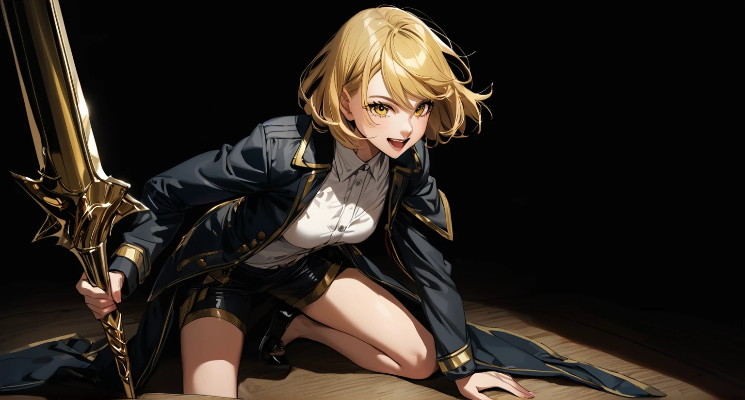(woman), ((Don quixote from limbus company)), masterpiece, best quality, yellow hair, ((short hair)), white shirt, ((dark fullbody coat)), dark pants, yellow eyes, realistic anime style, open mouth smiling, holding a lance, ufotable artstyle.
