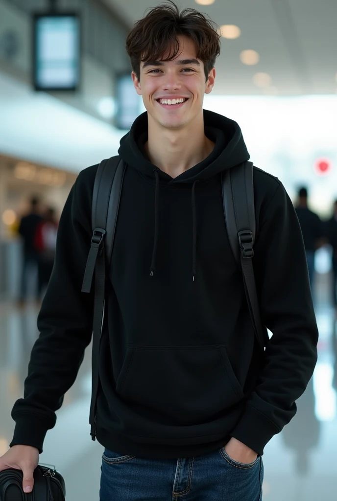 Một chàng trai lai đức và nhật bản, no beard, face is quite young and , 19-year-old, straight and slightly messy hair, hair detailed, realistic hair, light skin , is model, High, black backpack and 1 side comfortable style, stand comfortably and put your right hand in your pocket, left hand holding the suitcase handle, smiley face, eyes slightly squinted because of smiling, wearing a black hoodie and dark blue jeans, very detailed jeans fabric, looks real, light brown eyes, from calf up, shot from bottom angle, standing at the airport, Best quality, Intricate details, highly detailed, mise au point nette, detailed skin, realistic skin texture, texture, detailled eyes, professionnel, 4K,Extremely detailed, Photograph_\(ultra\), photoreallistic, Realstic, Post-traitement, maximum details, roughness, real life, Ultra Realist, Photorealism, photographie, 8k