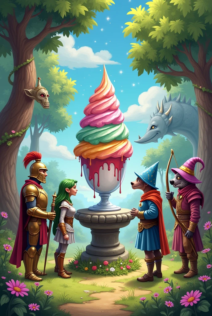 A few heroes and a few monsters are arguing and there is an ice cream in the middle