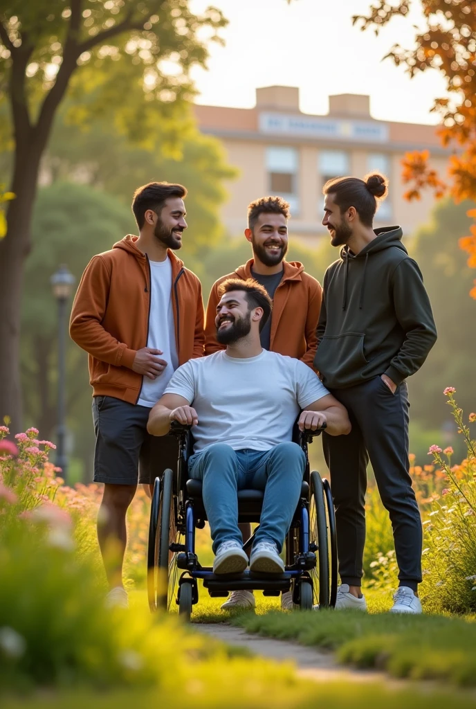 Image depicting a young man in a wheelchair who has the support of 3 male friends and has access to health services