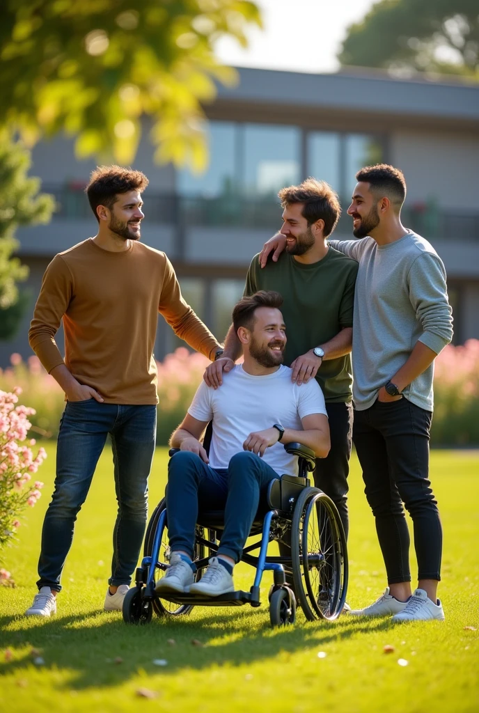 Image depicting a young man in a wheelchair who has the support of 3 male friends and has access to health services