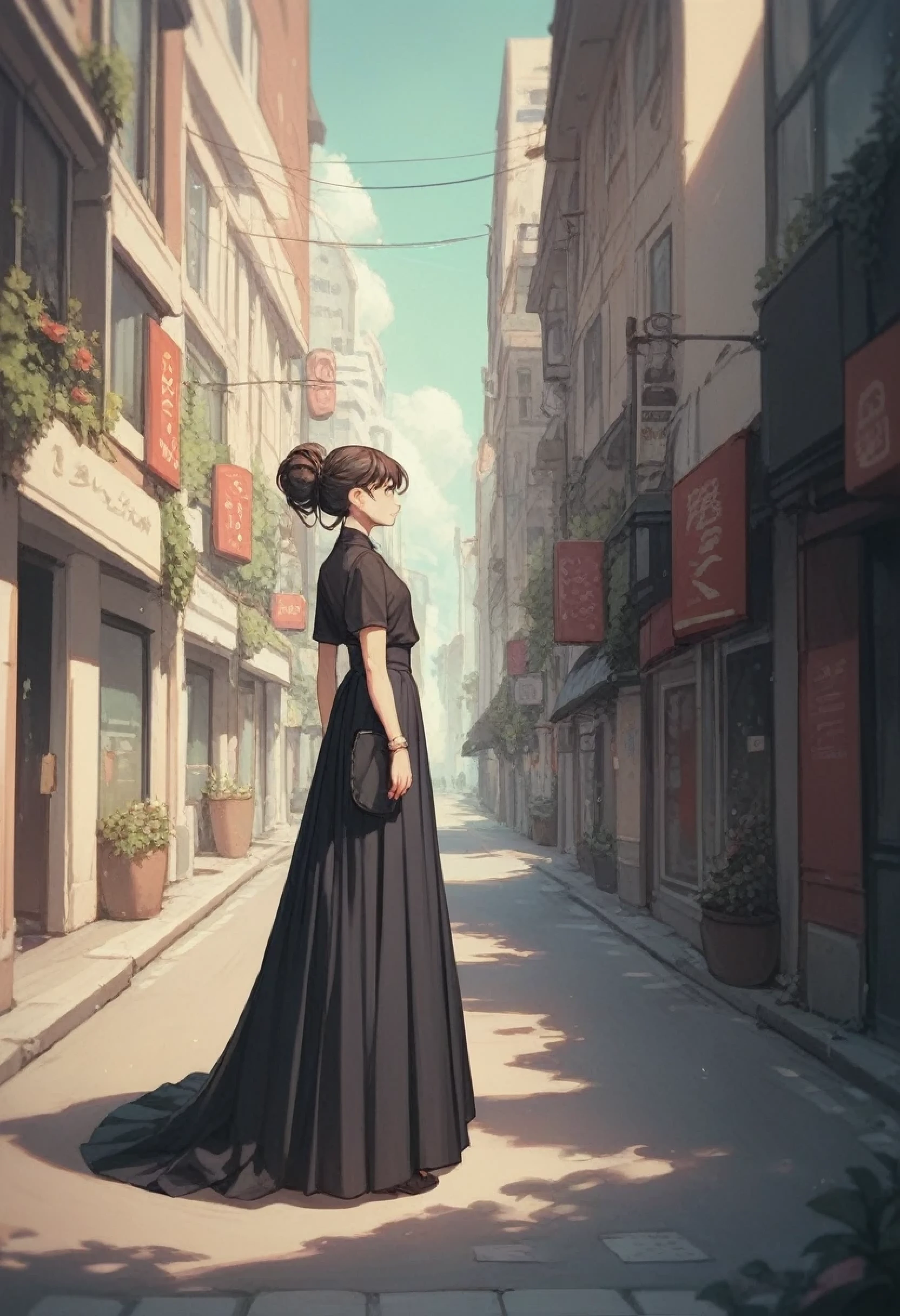 , Wearing a long black skirt , The skirt is very long ,Long dress ,Voluminous skirt,street,Are standing ,anime,whole body