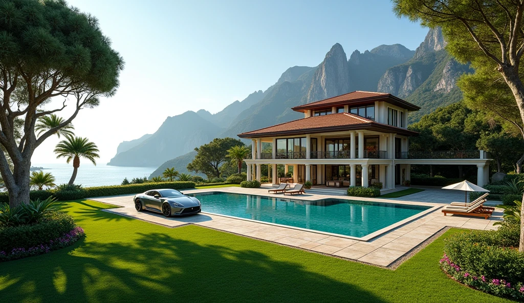 luxury mansion with a luxuary car parked in front of it, green yard with trees, behind sea and mountains, luxury pool, luxury lifestyle, luxurious environment, luxury architecture, rich, huge mansion, rich style, luxury and elite, extremely opulent, luxurious, hyper luxurious, majestic masterpiece, wealthy, luxury, stunning grand architecture, exquisite masterpiece, flaunting his wealth, inside a grand, architectural masterpiece