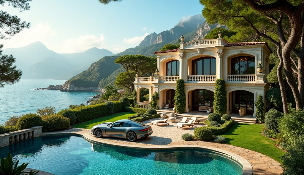 luxury mansion with a luxuary car parked in front of it, green yard with trees, behind sea and mountains, luxury pool, luxury lifestyle, luxurious environment, luxury architecture, rich, huge mansion, rich style, luxury and elite, extremely opulent, luxurious, hyper luxurious, majestic masterpiece, wealthy, luxury, stunning grand architecture, exquisite masterpiece, flaunting his wealth, inside a grand, architectural masterpiece
