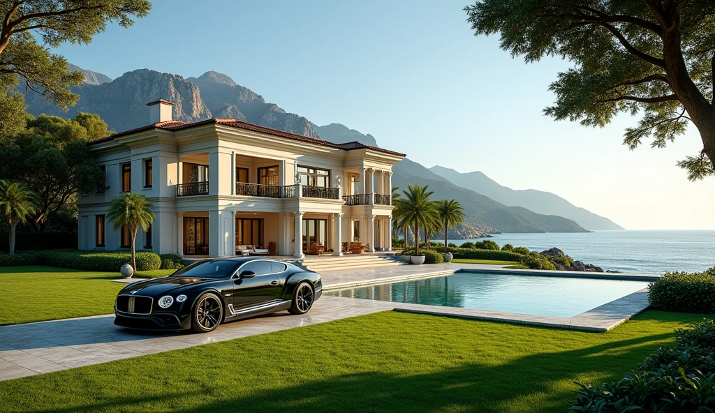 luxury mansion with a luxuary car parked in front of it, green yard with trees, behind sea and mountains, luxury pool, luxury lifestyle, luxurious environment, luxury architecture, rich, huge mansion, rich style, luxury and elite, extremely opulent, luxurious, hyper luxurious, majestic masterpiece, wealthy, luxury, stunning grand architecture, exquisite masterpiece, flaunting his wealth, inside a grand, architectural masterpiece