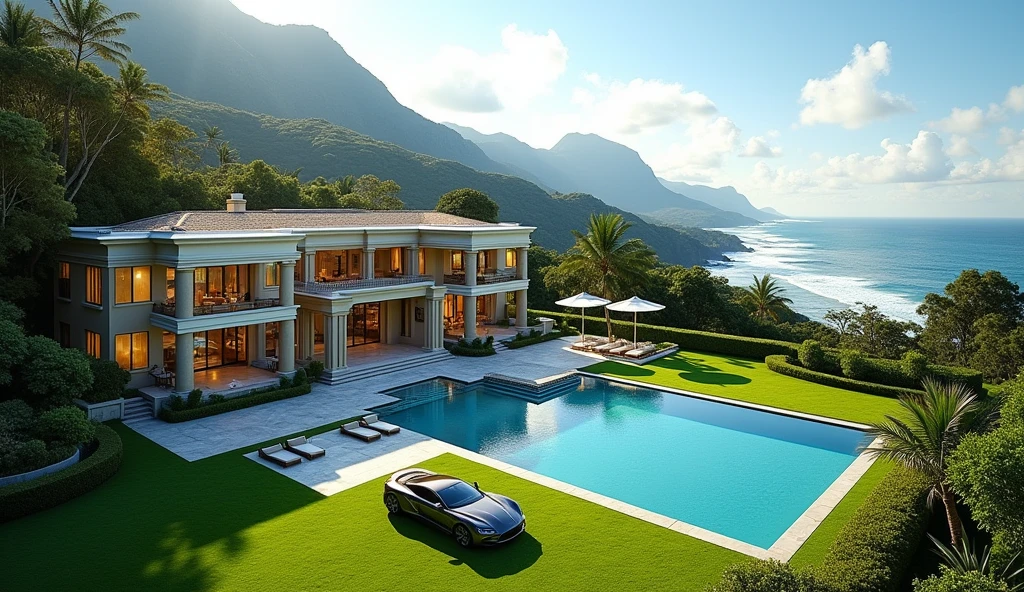 luxury mansion with a luxuary car parked in front of it, green yard with trees, behind sea and mountains, luxury pool, luxury lifestyle, luxurious environment, luxury architecture, rich, huge mansion, rich style, luxury and elite, extremely opulent, luxurious, hyper luxurious, majestic masterpiece, wealthy, luxury, stunning grand architecture, exquisite masterpiece, flaunting his wealth, inside a grand, architectural masterpiece