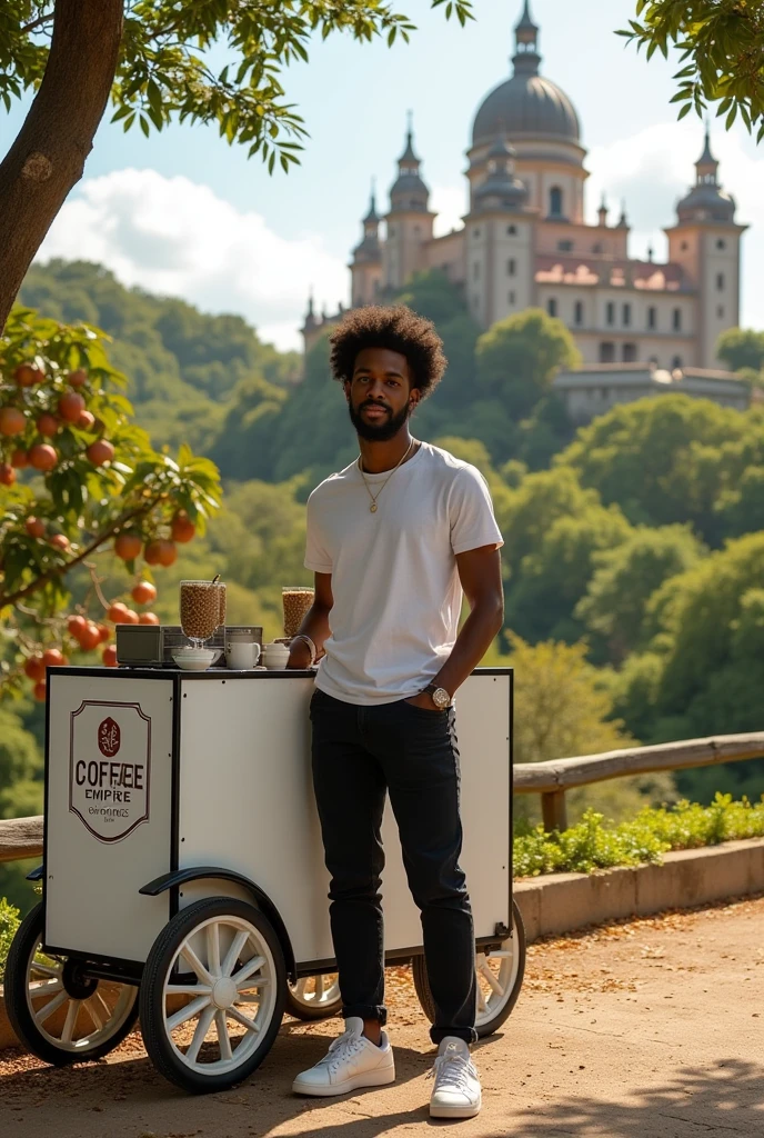 An imperial castle on a farm with coffee plantations with lots of fruit and a young black man with a teenage face and black, curly hair, good and down, with an American cut and a white blouse., with a logo that says coffee empire in Portuguese and very elegant black jeans and white sneakers, selling coffee in its white cart with the logo written coffee empire on the streets of Austin in Portuguese on the cart all in drawing